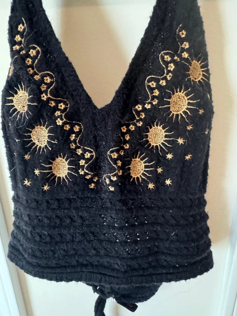 Black Embroidered Halter Crop Top with Sun Motif - Picture 2 of 4